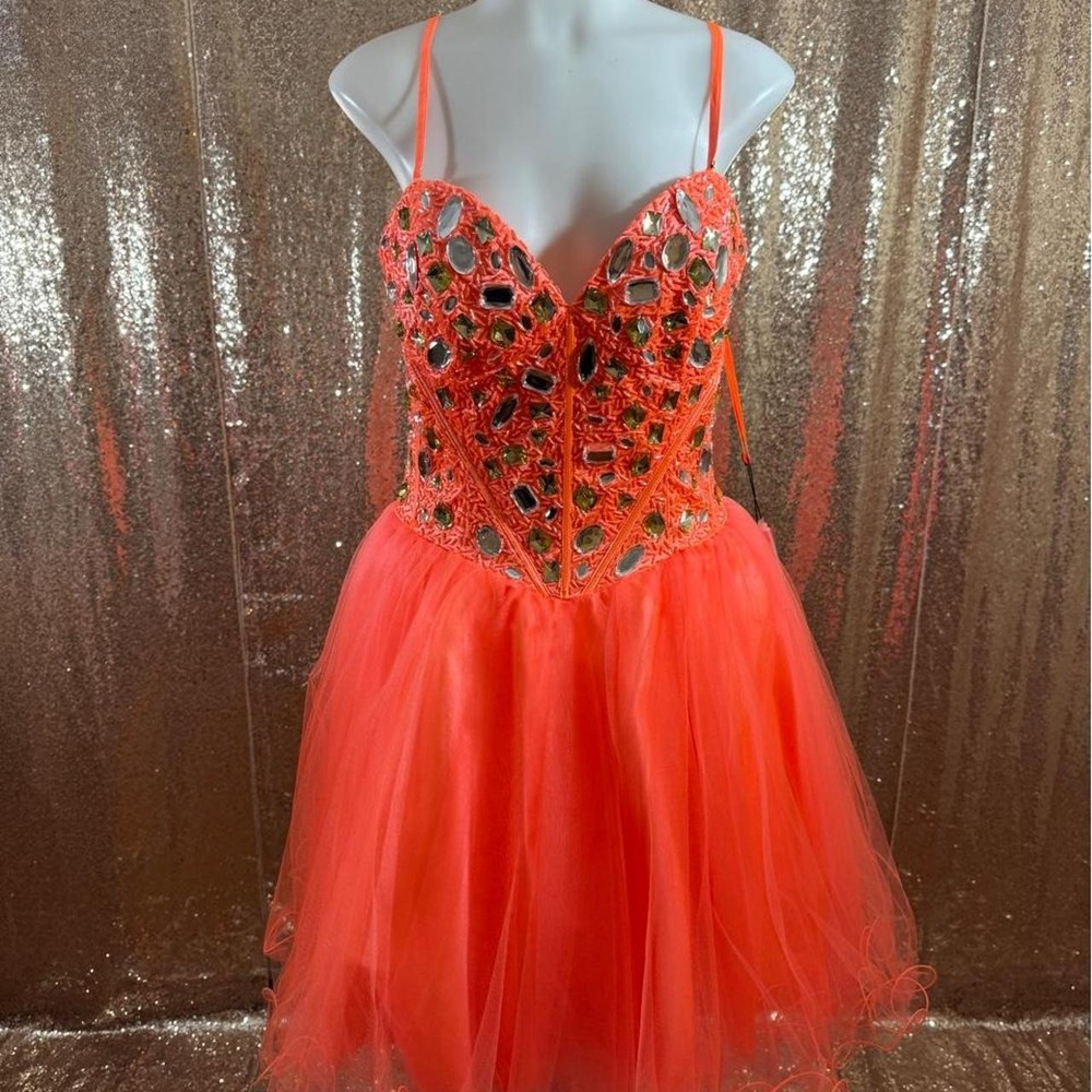 Poly USA Neon Orange Sequin Corset Tulle Mini Dress/Size Large
